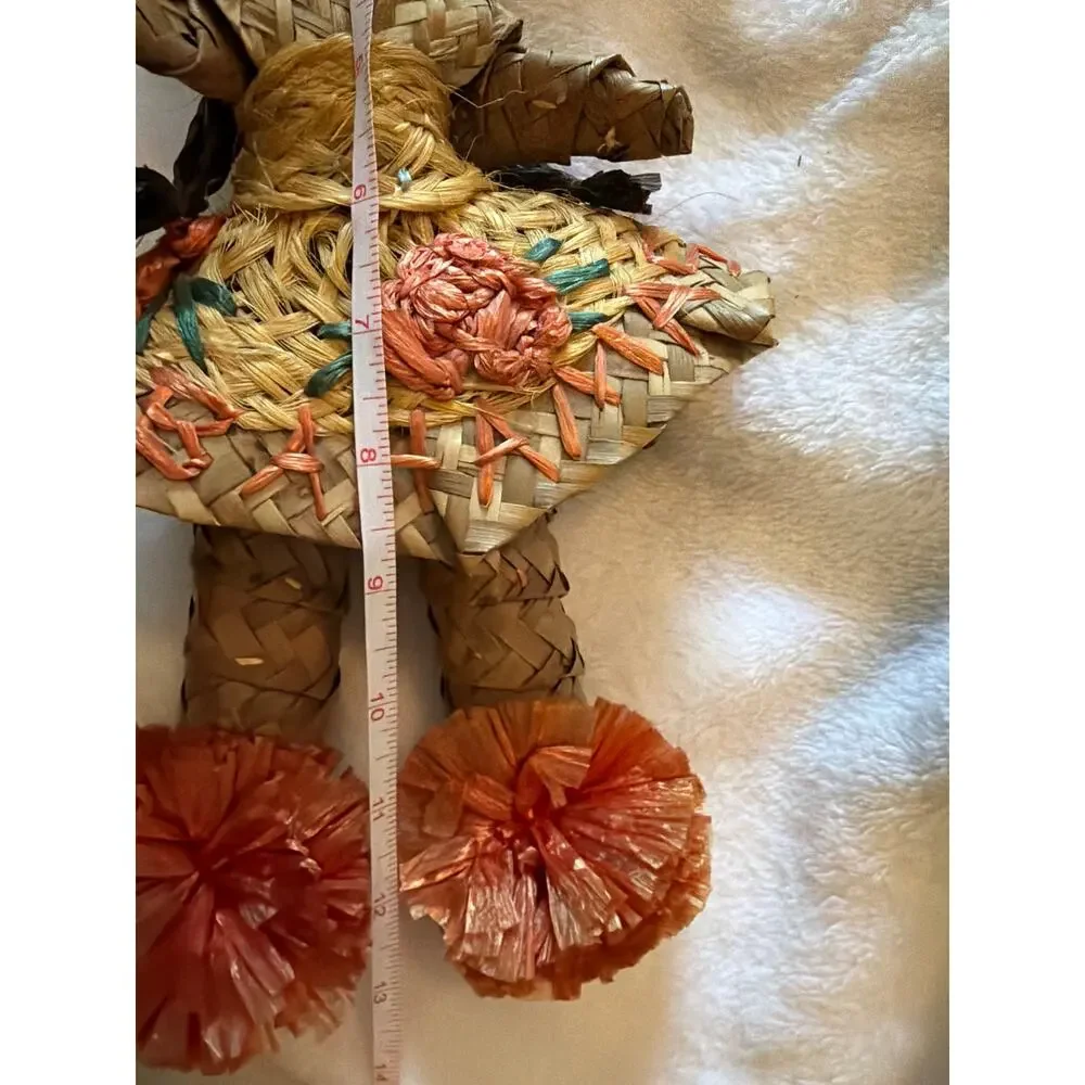 Vintage Handwove Straw Girl Doll Folk Art Raffia Woven Figure Floral Skirt Decor